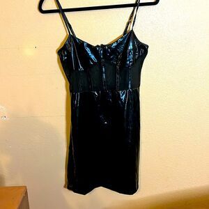 Finesse Black Pleather Spaghetti Adjustable Strap Mini Dress size Large